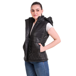 Chaleco Acolchado para Mujer, con Capucha, Cierre Frontal, Resistente al Viento, Ligero, Color Negro Sólido, Estilo Casual - Product Image 5