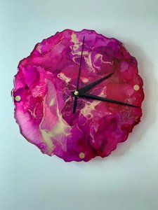 Glamour Fuchsia Geode Epoxy Wall Clock Fluid <b>Art</b> Gold Shimmer Wavy Border Non Ticking Quartz Hanging Watch Decor - Product Image 5