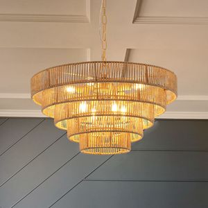 Lustre en corde de chanvre tissée à 5 couches de style bohème moderne de 24 pouces, luminaire suspendu élégant pour salon, salle à manger - Product Image 1