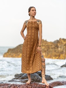 Robe longue en coton imprimée à la main avec motif géométrique traditionnel et bretelles élégantes pour femme, tenue de plage, robe longue une pièce - Product Image 4