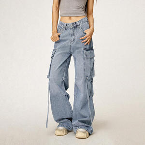Jeans de Mezclilla Cargo de Cintura Alta y Corte Holgado para Mujer, Color Sólido, Lavado a la Piedra, Algodón, Casual, Largos, Estilo Primavera - Product Image 4