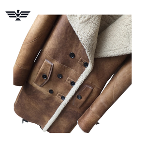 <b>Men's</b> Brown PU Leather Slim Double Breasted Front Long Coat Faux Fur Lining Turn-down Collar Double Breasted Windproof <b>Winter</b> - Product Image 5