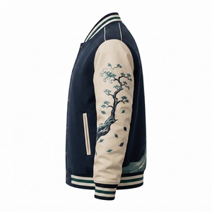 Veste universitaire décontractée à bas prix avec broderie d'art japonais à motif vague, corps en laine et manches en cuir PU, pour l'hiver et le streetwear - Product Image 3
