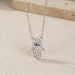 Collar con Colgante de Mano de Hamsa y Ojo Turco de Plata de Ley 925, Ojos Azules, Cadena de Clavícula, Dije Fino, Cadena de Eslabones de Circonita, Regalo de Compromiso - Product Image 5