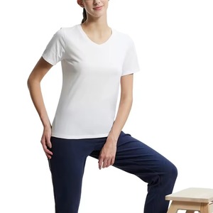 Camisetas de Cuello en V para Mujer con Logotipo Bordado Personalizado, Camisetas Casuales de Verano de Manga Corta, Transpirables, de Algodón, Lisas - Product Image 6