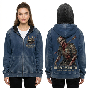 Sudadera con capucha premium para mujer con cremallera, de felpa francesa gruesa, con gráfico personalizado de Guerrero Samurái en desgaste, azul desgastado. - Product Image 1