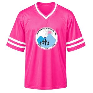 เสื้อเจอร์ซีย์กีฬาคอวีปักลายตราสัญลักษณ์แจ็คแอนด์จิลสีชมพูร้อนแรง แขนสั้น แถบสีขาว เสื้อทีมกีฬา ชุดยูนิฟอร์ม - Product Image 1