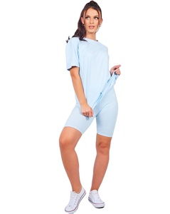 Ensemble de survêtement décontracté pour femme, bleu clair, à manches courtes, col rond, couleur unie, respirant, pour l'été, en coton et élasthanne - Product Image 1