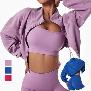Ensemble de yoga 2 pièces rose tendance : Leggings taille haute et crop top à manches longues zippées en polaire respirante, couleur unie, tenue de sport - Product Image 3