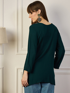 Women's Dark Green Viscose Kurta with Embroidered Neck and Floral Details Loose Fit Midi Length Casual Indian Ethnic Wear - Product Image 5