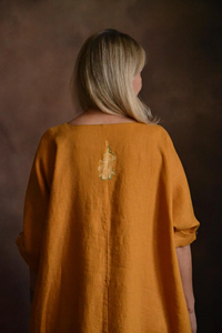 Hand-Painted Mustard Yellow Linen Kaftan Maxi Dress for Women Elegant Round Neckline and <b>Three</b>-Quarter Length Sleeves Long Gown - Product Image 6