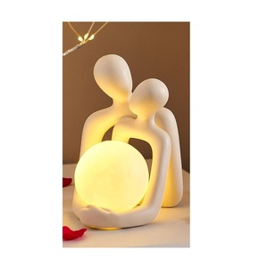 Romantic Abstract Couple Night Light Sculpture Matte White Embracing Lovers with Glowing Moon Orb Modern Artistic <b>Table</b> <b>Decor</b> - Product Image 3