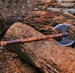 Hache viking artisanale de qualité industrielle à double lame, manche en bois, tête de tomahawk en acier à haute teneur en carbone pour l'abattage d'arbres, objet de collection - Product Image 5