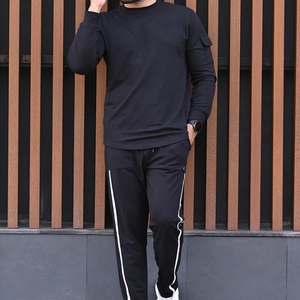 Men's <b>Black</b> <b>Long</b> Sleeve O-Neck <b>T</b>-<b>Shirt</b> Regular Fit Knitted 100% Cotton Casual Solid Color Contrast Trim Front Quick Dry - Product Image 2