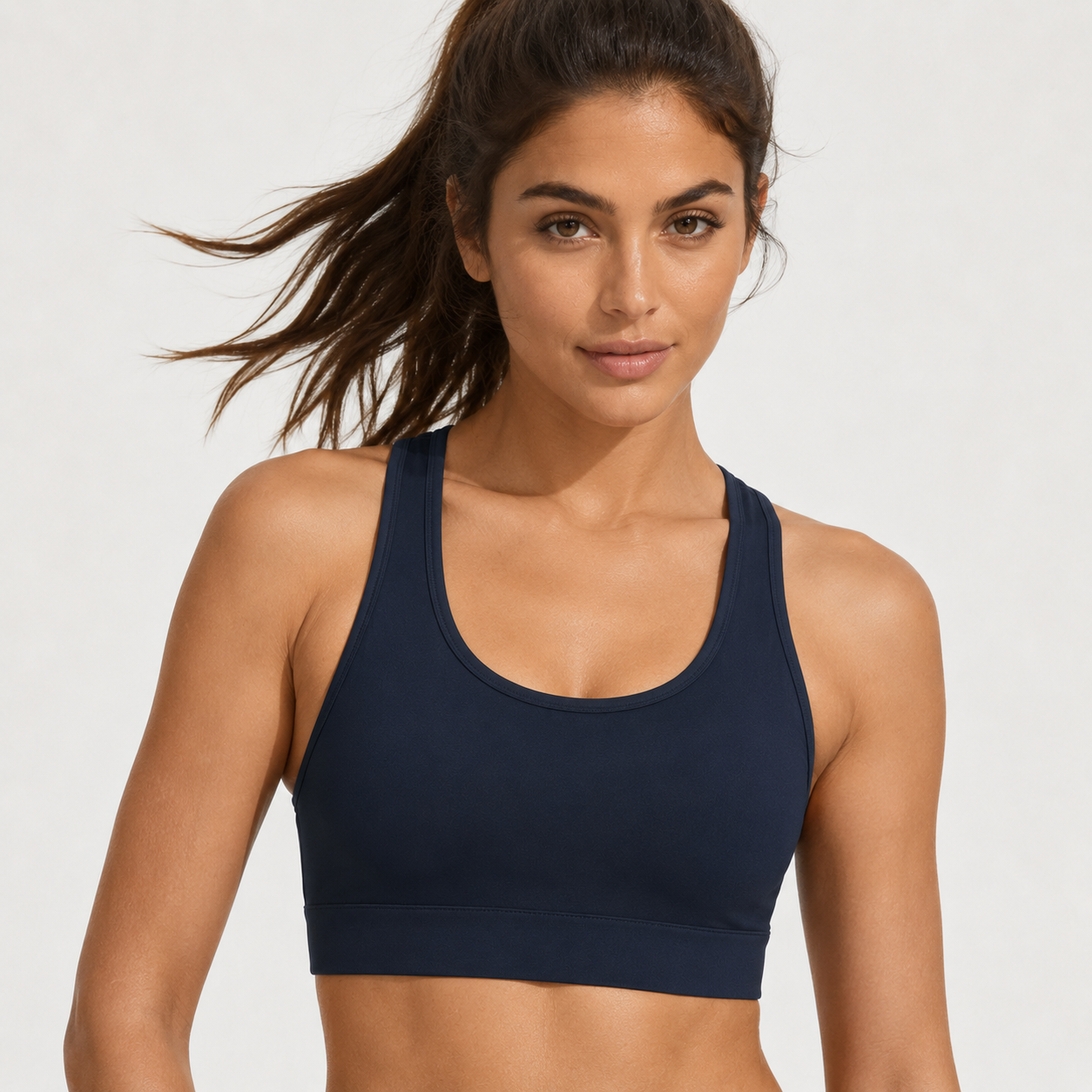 Wholesale OEM ODM Women's Sports Bra 75% Nylon 25% Spandex 240gsm Navy High Support Racerback Smooth Soft Gym