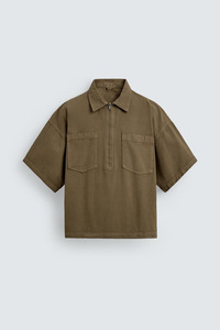 Polo Homme Demi-Zip Marron Olive de Haute Qualité, Style Utilitaire, Couleur Unie, Dernier Cri, en Toile avec Poches, Conception OEM - Product Image 3