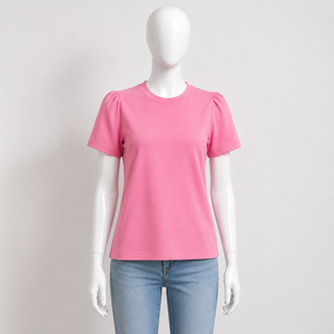 Camiseta de Mujer con Mangas Abullonadas Rosadas, Cuello Redondo, Color Sólido, Informal, de Punto, Manga Corta, Corte Regular, Transpirable, para Primavera/Verano - Product Image 4