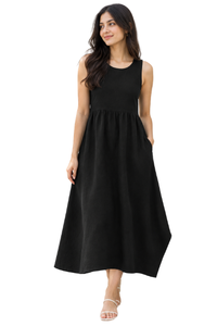 Black Sleeveless Midi <b>Dress</b> O-Neck A-Line <b>Loose</b> Fit Asymmetrical Hem With Pockets Casual <b>Summer</b>/Spring Breathable Women's <b>Dress</b> - Product Image 3