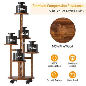 Pianta in legno a 5 livelli con 4 ruote staccabili che rotolano ripiano decorativo per interni esterni per espositore per piante - Product Image 4