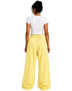 Pastel Yellow Women <b>Wide</b> <b>Leg</b> <b>Sweatpants</b> High Waist Loose Fit Casual Streetwear Lounge Fleece Trousers With <b>Drawstring</b> Pockets - Product Image 2