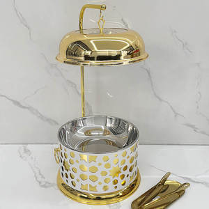 Round Stainless Steel Chafing Dish <b>Buffet</b> Food Warmer Gold Finish Ornate Pillar Stand Glass Lid Wedding Catering <b>Server</b> - Product Image 6