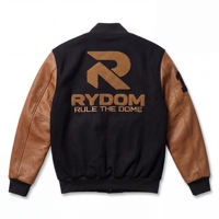 Veste universitaire pour homme RYDOM noire avec manches en cuir marron, logo brodé, col rabattu, simple boutonnage, pour l'automne