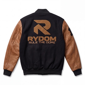 แจ็คเก็ตวาร์ซิตี้ผู้ชาย RYDOM สีดำ แขนหนังสีน้ำตาล ปักโลโก้ ปกคอพับ กระดุมแถวเดียว สำหรับใส่ในฤดูใบไม้ร่วง - Product Image 4