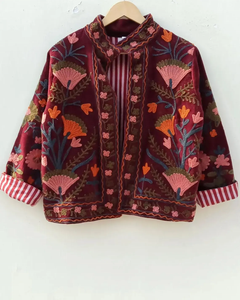 Veste en velours marron à fleurs brodées Suzani, manteau de festival folklorique ouzbek avec rembourrage en coton pour vêtements d'extérieur bomber duster - Product Image 1