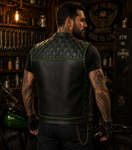 Gilet de motard en cuir noir pour homme, doublure paisley verte, fermeture éclair matelassée, col montant, style moto, vêtement d'extérieur - Product Image 6