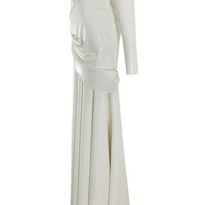 Elegant <b>White</b> PU <b>Long</b> Sleeve High Neck Asymmetric Floor-Length Sheath <b>Dress</b> Formal Wear - Product Image 5