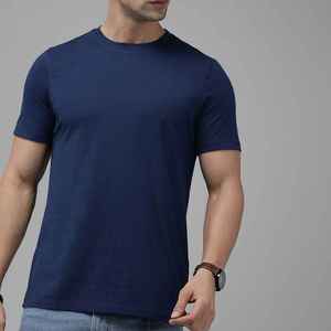 T-shirt à manches courtes col rond pour homme, coupe classique, couleur unie, jersey décontracté, tricoté 100% coton, bleu - Product Image 6