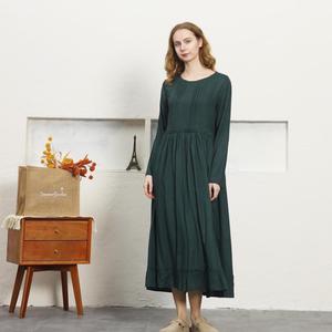 Bohemian Green Plain Cotton Linen Maxi <b>Dress</b> With O-Neck <b>Loose</b> Fit Full Sleeve Summer Casual <b>Dress</b> For Women - Product Image 4