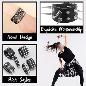 Wholesale Multi-Style Black Stainless Steel Unisex <b>Bracelet</b> Pack New Trendy Customized Studded Wristband <b>Set</b> Adjustable Snap - Product Image 4