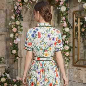 Vestido de Fiesta de Verano de Alta Calidad para Mujer, Cintura Imperio, Cuello Camisero, Estampado Floral Colorido, Manga Corta, Largo Midi - Product Image 5