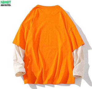 T-shirt à manches longues surdimensionné pour homme, en coton tricoté contrastant orange, col rond, design décontracté à blocs de couleur unie - Product Image 5