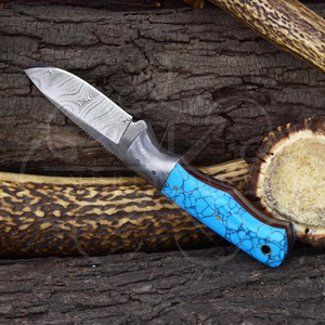 Couteau de chasse artisanal en acier Damas avec manche en résine turquoise bleue, lame fixe pleine longueur, couteau de camping d'extérieur - Product Image 6