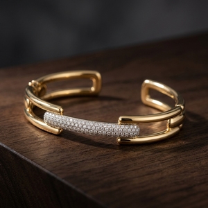 Men's & Unisex Luxury Diamond Link Cuff in <b>Solid</b> <b>Gold</b> High-End Pave Accent Open Diamond <b>Bangle</b> For Gala & Red Carpet Styling - Product Image 1