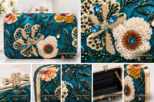 Luxury Half <b>Moon</b> Printed Embroidery Beaded Floral Fashion Clutch Bag for Women | Handmade Evening Wedding Party iPhone Fit Purse - Product Image 6