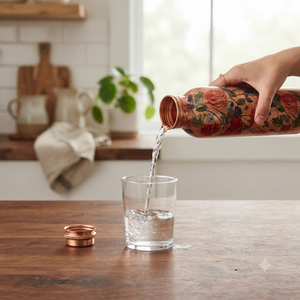 Bouteille d'eau en cuivre artisanale avec motif floral rose, réutilisable, en métal, pour voyage, yoga, maison, bureau, cadeau, vente en gros - Product Image 3