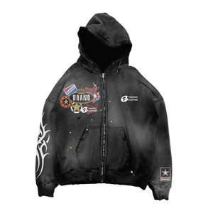 Sudadera con capucha de algodón de gran tamaño con doble cremallera, bordado personalizado desgastado, gráfico, estilo urbano, vintage, lavado ácido, tallas grandes - Product Image 3