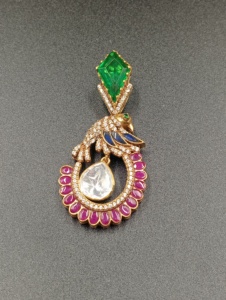 Peacock <b>Brooch</b> Emerald Cut Green Stone Ruby Accents Gold Plated Unisex Wedding Engagement Party Jewelry Statement Piece - Product Image 4