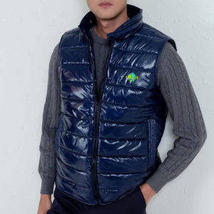 Men's Navy Canvas <b>Quilted</b> Puffer Jacket Sherpa Stand Collar Zipper Closure Embroidered Logo Casual Winter Polyester <b>Wadding</b> - Product Image 1