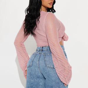 Custom Logo Women <b>Crocheted</b> V-neck Knit <b>Top</b> With Bow Detail <b>Pink</b> Summer Sweater Lantern Sleeve Sexy Club Wear <b>Crocheted</b> <b>Tops</b> - Product Image 2