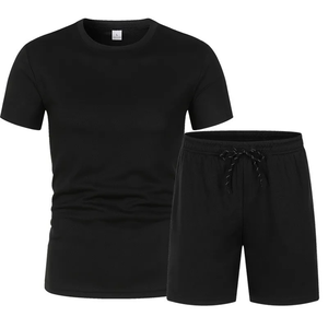 Conjunto de Camiseta y Pantalones Cortos Negros para Hombre, Cuello Redondo, Tejido Informal, Color Sólido, Ropa de Verano Transpirable de Algodón - Product Image 1