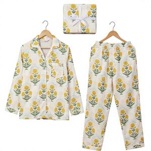 100% Pure Cotton <b>Thermal</b> Hand Drawn Printed Pajama Set <b>for</b> <b>Women</b> Indian Style Summer Sleepwear Bridesmaid Bridal Party Spring - Product Image 1