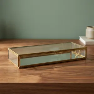 Rectangular Glass Jewelry <b>Box</b> with Brass Frame and <b>Mirror</b> Base for Jewellery Storage Display - Product Image 3