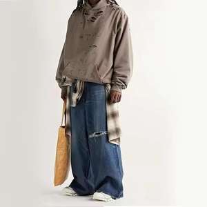 Sudadera con capucha de algodón de 380 g/m² de alto gramaje, con bordado 3D personalizado, lavado ácido, cremallera, efecto desgastado y pedrería, de gran demanda y a la moda. - Product Image 5