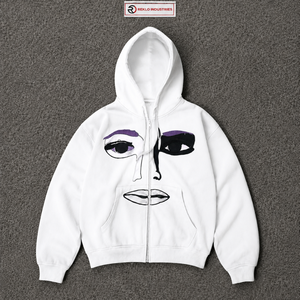 Sweat à capuche zippé personnalisé blanc avec motif artistique, coupe oversize, style streetwear, unisexe, décontracté, mode urbaine - Product Image 5