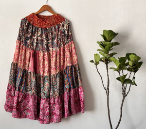 Women's Summer Bohemian Style Silk Maxi <b>Skirt</b> Flowy <b>Patchwork</b> Tiered Layer Casual Comfortable High Waist - Product Image 6