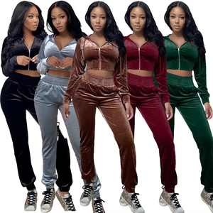 Women Solid Polyester Velour 2-Piece Tracksuit Set <b>Zip</b>-<b>Up</b> <b>Crop</b> Top and Shorts Full-<b>Zip</b> Autumn Casual Wear - Product Image 1